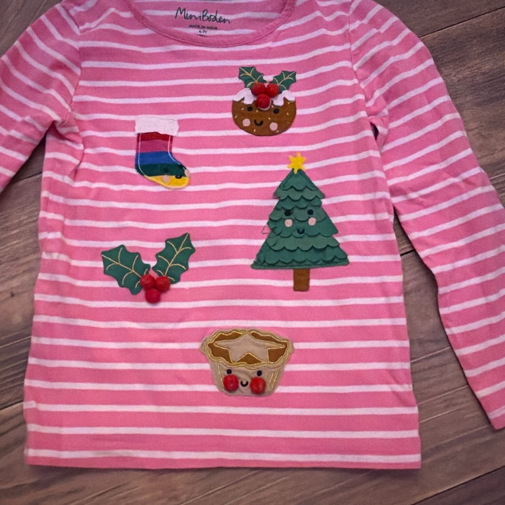 Mini Boden Girls Christmas Applique Shirt Pink Stripe Holiday Top 6-7Y